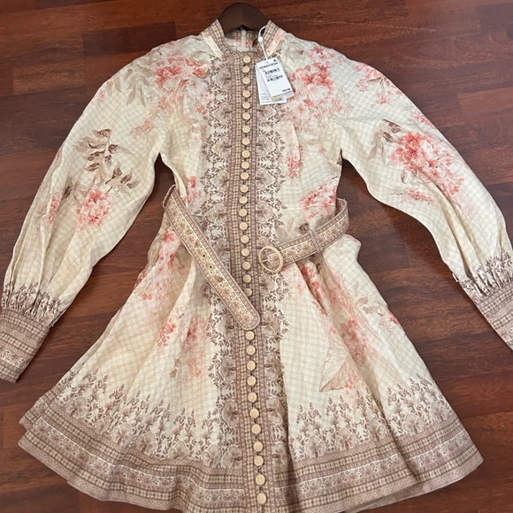 NWT Zimmermann Tropical Flower Long Sleeve Belted Linen Minidress 0 US4 - Picture 8 of 17